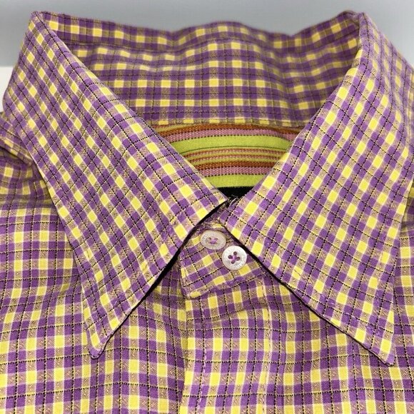 Bugatchi Uomo Long sleeve Purple Yellow Checked Button Up Bright Stripes Large - Picture 4 of 10